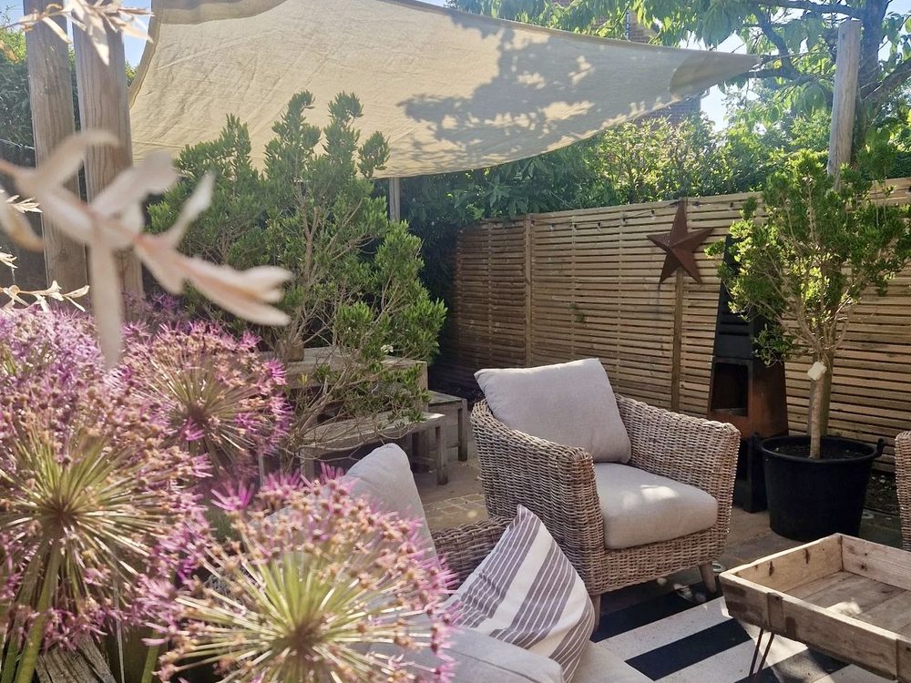 A transformed garden with shaded seating and planting